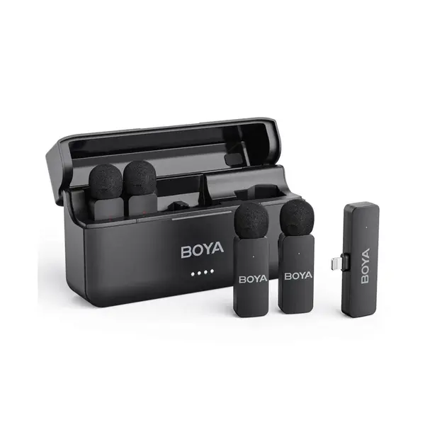 Boya BY-V4D Sistem Microfon Wireless pentru iOS, 4 Transmitatoare, Port Lightning, Anulare Zgomot, Raza 200m, Carcasa Incarcare