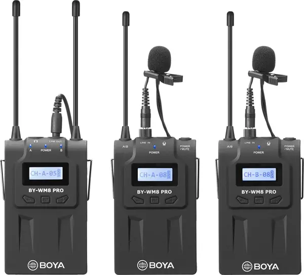 Boya BY-WM8 PRO-K2 Sistem Microfon Wireless UHF Dual-Channel, 2 Transmitatoare Bodypack, 2 Lavaliere Omnidirectionale, Raza 100m