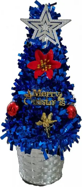 Brad artificial de Craciun Novokids Mini Christmas Tree Albastru pentru casa si birou, Cu decoratiuni si suport incluse, Inaltime 35 cm