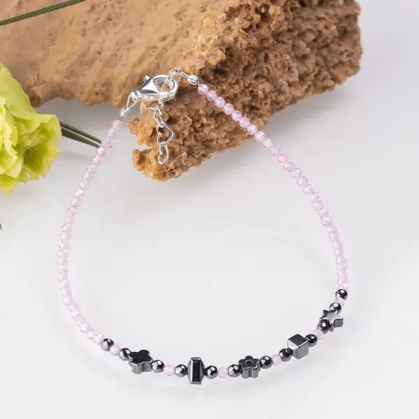 Bratara argint subtire roz deschis din cubic zirconia si hematit