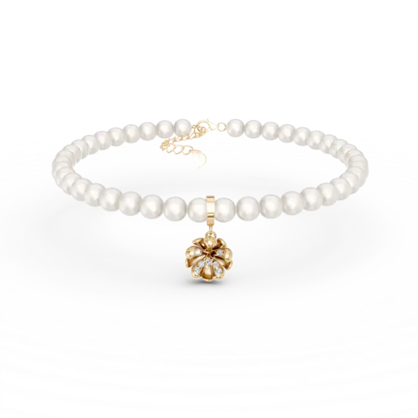 Bratara cu pandantiv floare de tei din aur galben cu diamante de 0.08ct si perle de cultura