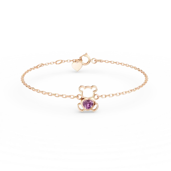 Bratara cu pandantiv ursulet din aur roz cu safir roz heart de 0.1ct pentru copii