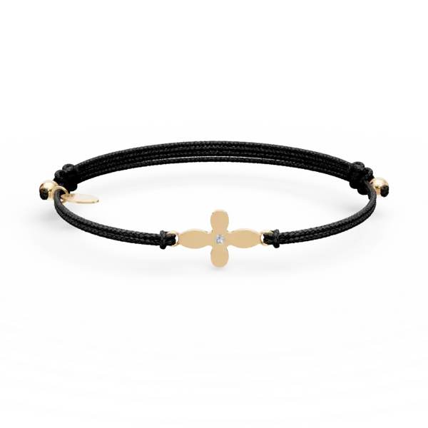Bratara cu snur negru si pandantiv cruce din aur galben cu diamant de 0.005ct
