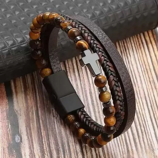 Brățară din piele cu mărgele ochi de tigru