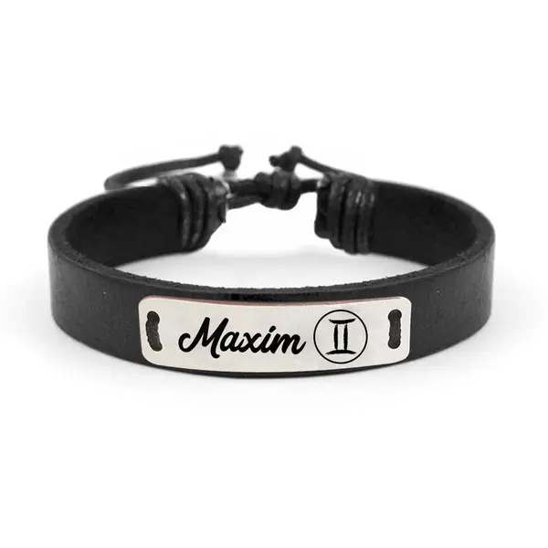 Bratara din piele cu tablita din argint 925 personalizata cu nume - Zodia Gemeni