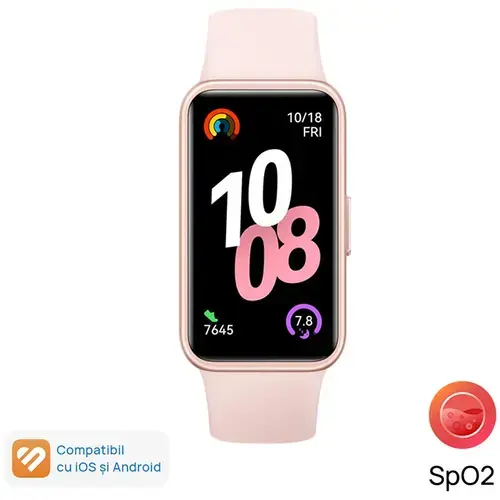 Bratara fitness HUAWEI Band 10, Android /iOS, carcasa polymer, bratara Fluoroelastomer, ecran AMOLED 1.47inch, Rezistenta la apa 5 ATM (Roz)