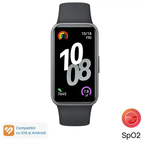 Bratara fitness HUAWEI Band 10, Android /iOS, carcasa polymer, bratara Fluoroelastomer, ecran AMOLED 1.47inch, Rezistenta la apa 5 ATM (Negru)