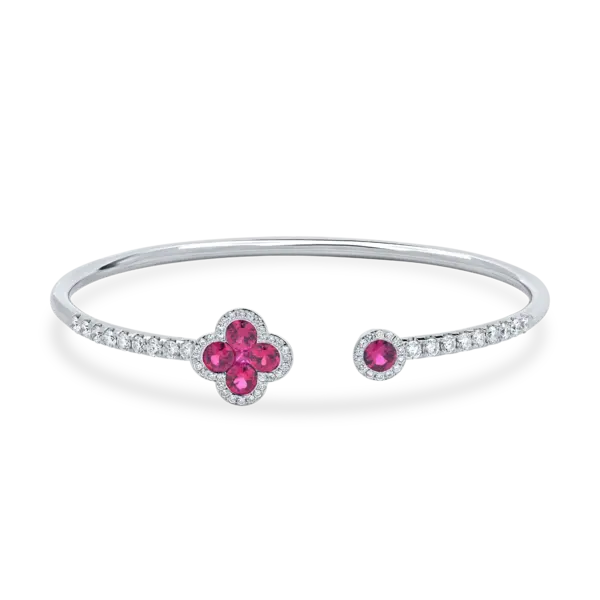 Bratara fixa deschisa din aur alb cu rubine si diamante de 2.1ct
