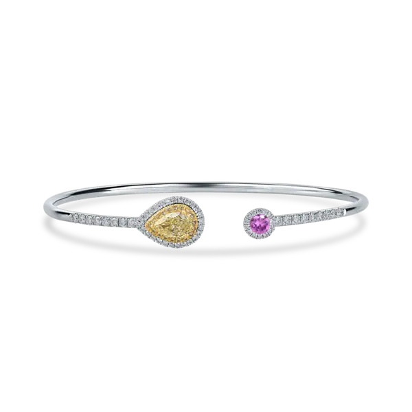 Bratara fixa deschisa din aur alb cu safir roz si diamante pear de 1.2ct
