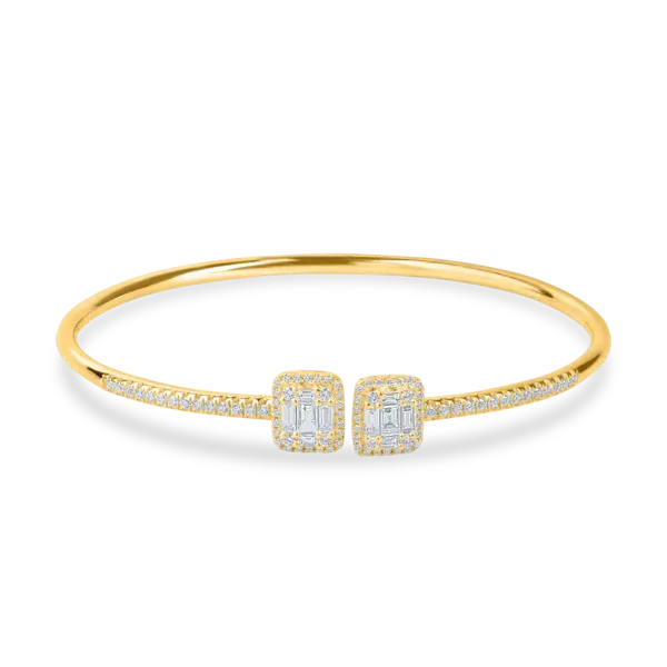 Bratara fixa deschisa din aur galben cu diamante baguette si rotunde de 1ct