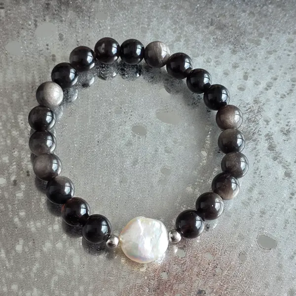 Brățară obsidian argintiu 8 mm | Pearl