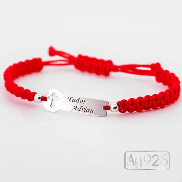 Brățară personalizată cu șnur și plăcuță argint 925 cu cruciuliță