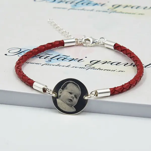 Bratara personalizata din piele cu banut gravat din argint-16mm