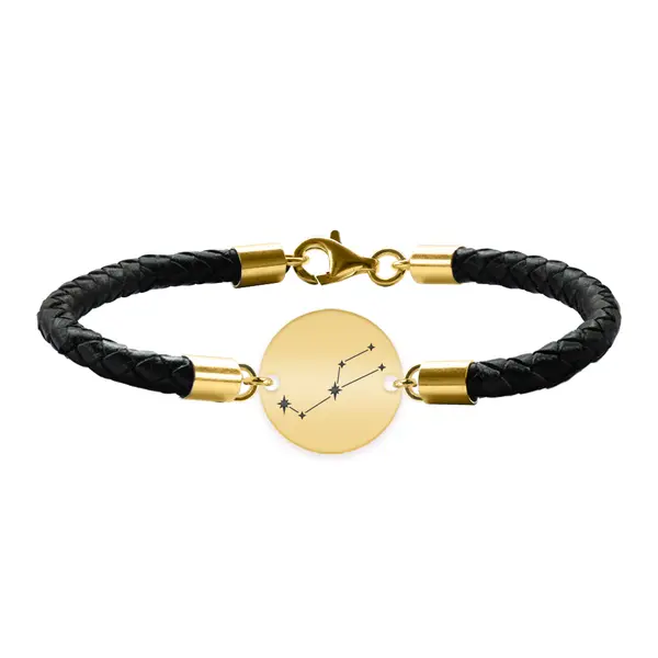 Bratara Premium din piele impletita si banut argint 925 placat cu aur galben 24K personalizat cu constelatii - Taur