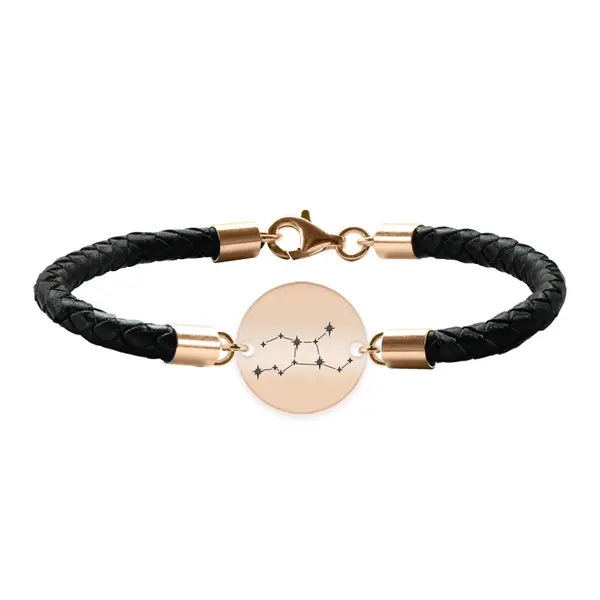 Bratara Premium din piele impletita si banut argint 925 placat cu aur Roz personalizat cu constelatii - Fecioara
