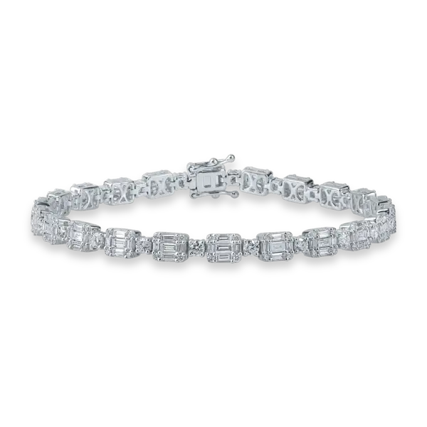 Bratara tennis din aur alb cu diamante baguette si rotunde de 3.7ct
