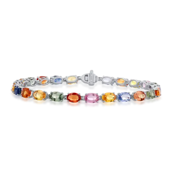 Bratara tennis din aur alb cu safire multicolore ovale de 12.2ct
