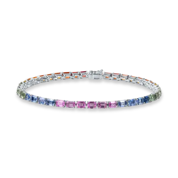 Bratara tennis din aur alb cu safire multicolore rectangulare de 10.9ct