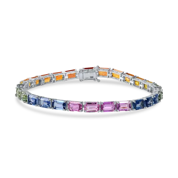 Bratara tennis din aur alb cu safire multicolore rectangulare de 18.3ct