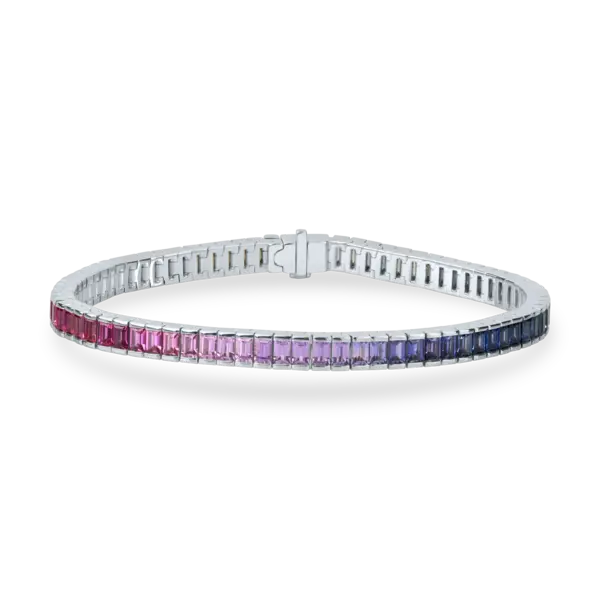 Bratara tennis din aur alb cu safire multicolore rectangulare de 6.91ct