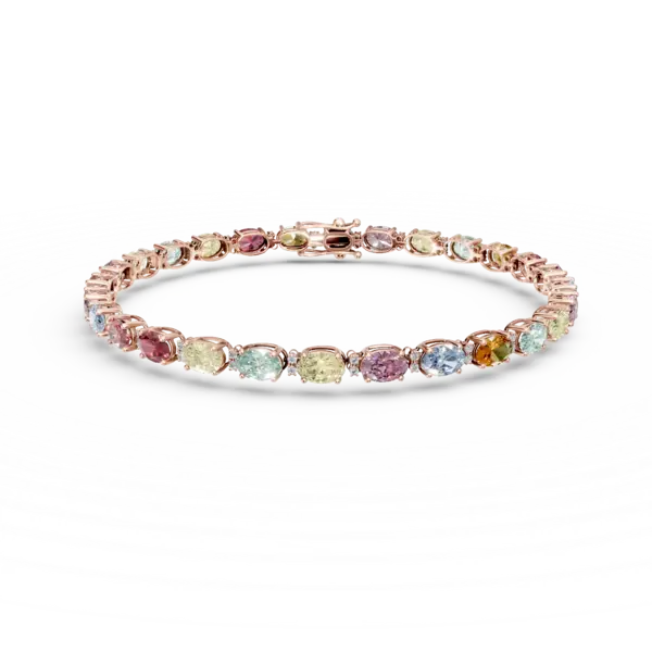 Bratara tennis din aur roz cu safire multicolore ovale de 8.3ct si diamante de 0.2ct