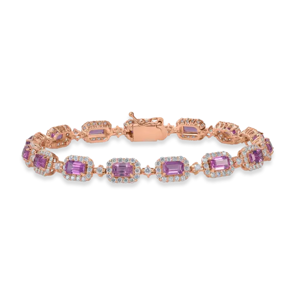 Bratara tennis din aur roz cu safire roz rectangulare de 5.1ct si diamante de 2.2ct