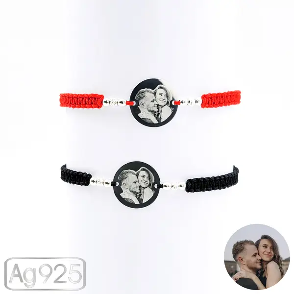 Bratari pentru cupluri personalizate cu poza din argint - Banut 16mm - Snur impletit si bilute Ag