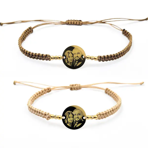 Bratari pentru cupluri personalizate cu poza din argint/placat Aur - Banut 16mm - Snur impletit si bilute Ag