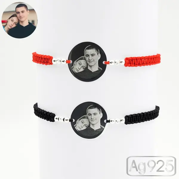 Bratari personalizate cu poza cuplu din argint - Banut 19mm Ag - Snur impletit si bilute Ag