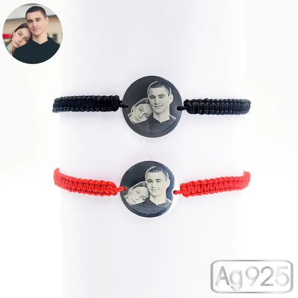 Bratari personalizate cu poza cuplu din argint - Banut 19mm Ag - Snur impletit