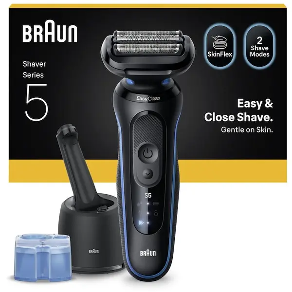 BRAUN Aparat de ras electric Braun Seria 5 52-B7000CC, Autonomie pana la 50 de minute, Statie SmartCare 4-in-1, Fara fir, Utilizare umeda/uscata, Rezistent la apa, Albastru