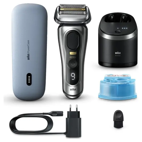 BRAUN Aparat de ras electric Braun Series 9 PRO+ 9577cc, ProLift Trimmer, SensoFlex, AutoSense, Sonic Technology, 40.000 de actiuni de taiere, 5 elemente de taiere, Statie Smart Care 6-in-1, Trusa de voiaj cu functie de incarcare, Argintiu
