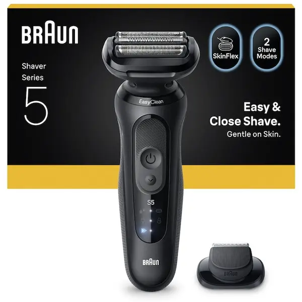 BRAUN Aparat electric de ras Braun Seria 5 52-N1200S, Autonomie pana la 50 de minute, Accesoriu pentru tuns eficient, Fara fir, Utilizare umeda/uscata, 100% Rezistent la apa, Negru