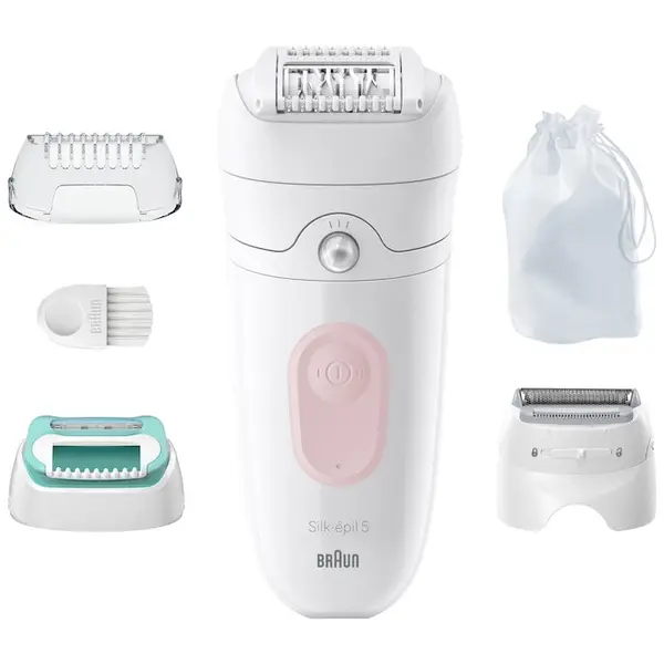 BRAUN Epilator Braun Silk-épil 5 5-050 Wet & Dry, MicroGrip, Smart Light, 28 de pensete, 2 viteze, Cap de ras + Pieptene, Cap pentru incepatori, Saculet de voiaj, Roz