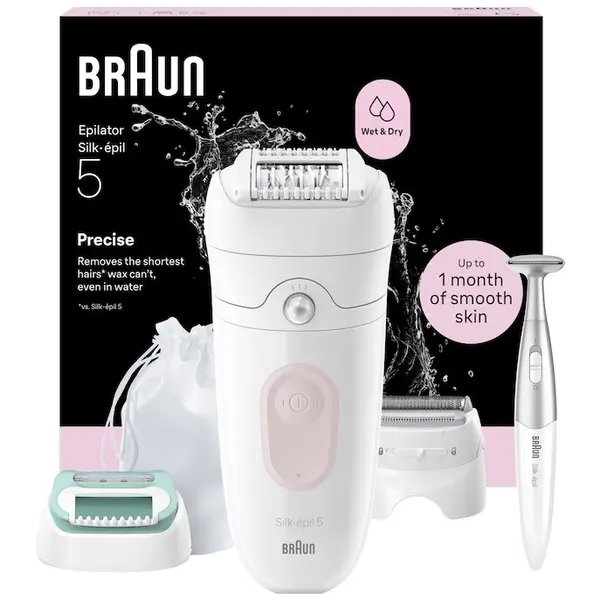 BRAUN Epilator Braun Silk-épil 5 5-251 Wet & Dry, MicroGrip, Smart Light, 28 de pensete, 2 viteze, Cap de ras + Pieptene de tuns, Cap pentru incepatori, Trimmer Bikini, Saculet de voiaj, Alb/Roz