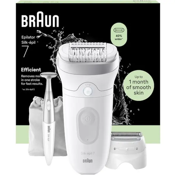 BRAUN Epilator Braun Silk-épil 7 7-241 SkinSpa, Wet & Dry, MicroGrip, Smart Light, 40 de pensete, 2 viteze, Cap de ras + Pieptene pentru tuns, 1 Cap pentru exfoliere, Trimmer Bikini, 1 Capac, Saculet de voiaj, Alb/Argintiu