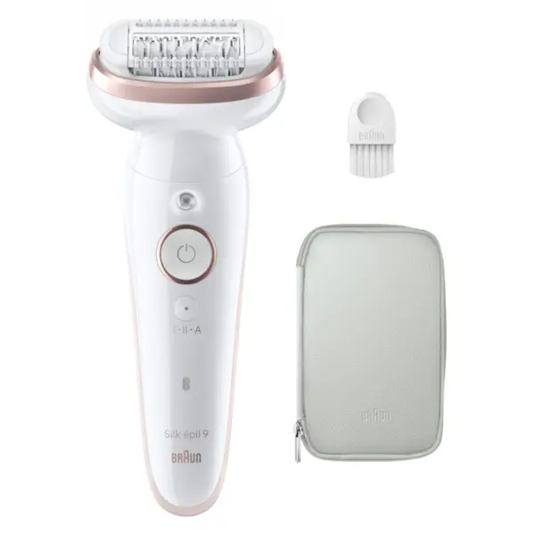 BRAUN Epilator Braun Silk-épil 9 9-000 Wet & Dry, MicroGrip, Smart Light, 2 viteze, 40 pensete, Geanta de voiaj, Alb/Roz