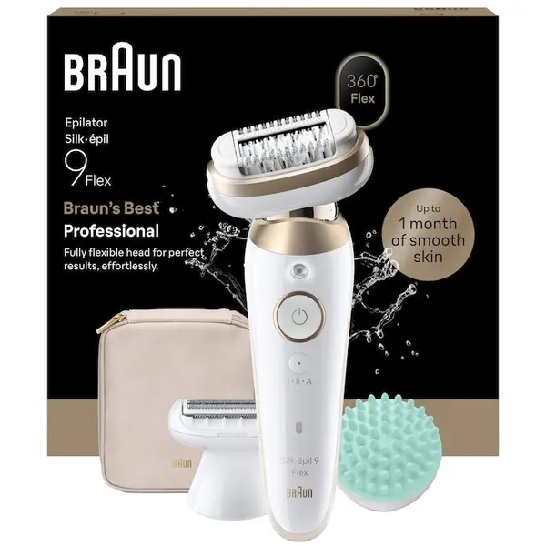 BRAUN Epilator Braun Silk-épil 9 9-071 3D Flex 360°, Wet & Dry, Smart Touch, 40 de pensete, 2 viteze, Cap de ras + Pieptene pentru tuns, Cap de masaj, Geanta de voiaj, Alb/Auriu