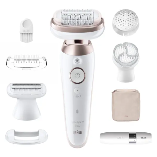 BRAUN Epilator Braun Silk-épil 9 9-360 Flex 360° Wet & Dry, Smart Touch, 40 de pensete, 2 viteze, Trimmer pentru fata, Cap de ras + Pieptene, Cap pentru exfoliere, Geanta de voiaj, Bronz