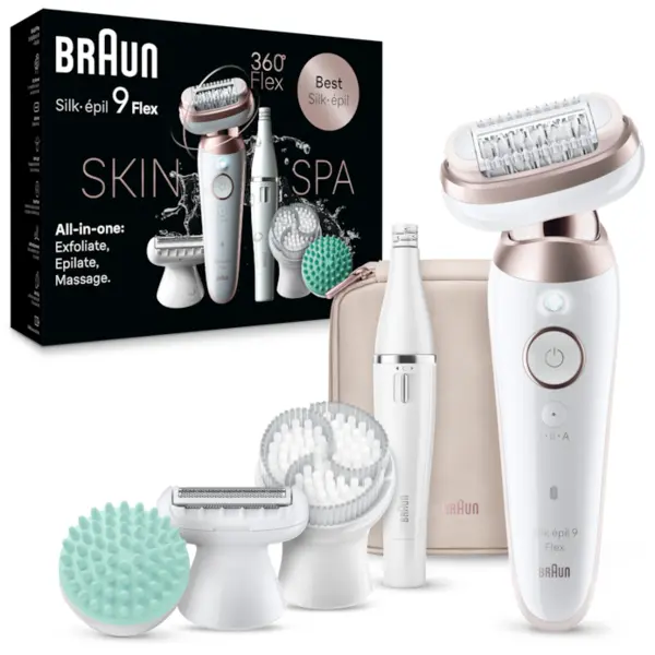 BRAUN Epilator Braun Silk-épil 9 9-580 Flex 360° SkinSpa, Wet & Dry, Smart Touch, 40 de pensete, 2 viteze, FaceSpa + 4 accesorii, Cap de ras + Pieptene, Cap de masaj, Cap pentru exfoliere, Geanta de voiaj, Alb