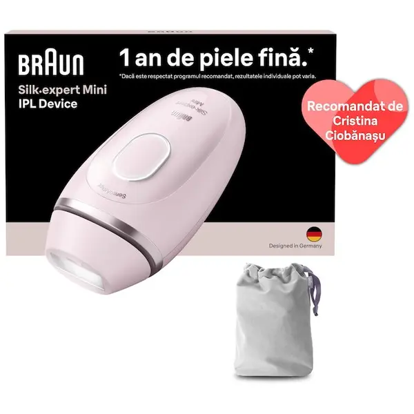 BRAUN Epilator IPL Braun IPL Silk·expert Mini PL1111, SensoAdapt, 300.000 impulsuri, 3 niveluri de intensitate, Corp si fata, Aparat de ras Venus, Saculet de calatorie, Roz