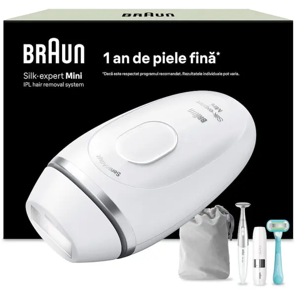 BRAUN Epilator IPL Braun IPL Silk·expert Mini PL1115, SensoAdapt, 300.000 impulsuri, 3 niveluri de intensitate, Corp si fata, Mini aparat pentru indepartarea parului facial, Trimmer bikini, Aparat de ras Venus, Saculet de calatorie, Alb