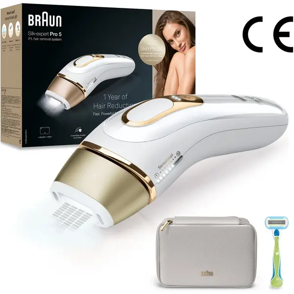 BRAUN Epilator IPL Braun Silk-expert PRO 5 PL5052 Senzor automat & continuu Skin pro 2.0, 400.000 impulsuri, 10 niveluri de intensitate, 125 de impulsuri pe minut, Trusa de voiaj, Aparat de ras Venus, Alb/Auriu