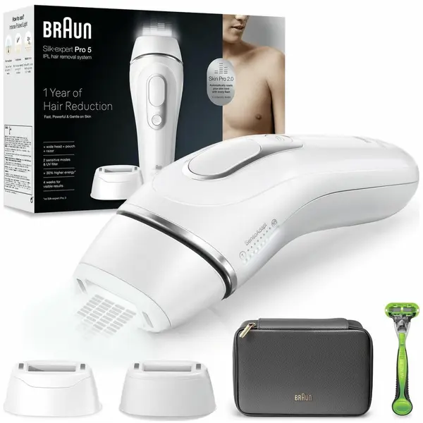 BRAUN Epilator IPL Braun Silk-expert PRO 5 PL5145, Senzor automat & continuu Skin pro 2.0, 400.000 impulsuri, 10 niveluri de intensitate, 125 de impulsuri pe minut, cap lat, Trusa de voiaj, Aparat de ras Gillette, Alb