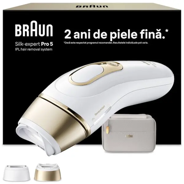 BRAUN Epilator IPL Braun Silk-expert PRO 5 PL5210 Senzor automat & continuu Skin pro 2.0, 400.000 impulsuri, 10 niveluri de intensitate, 125 de impulsuri pe minut, 2 Capete de epilat, Trusa de voiaj, Aparat de ras Venus, Alb/Auriu