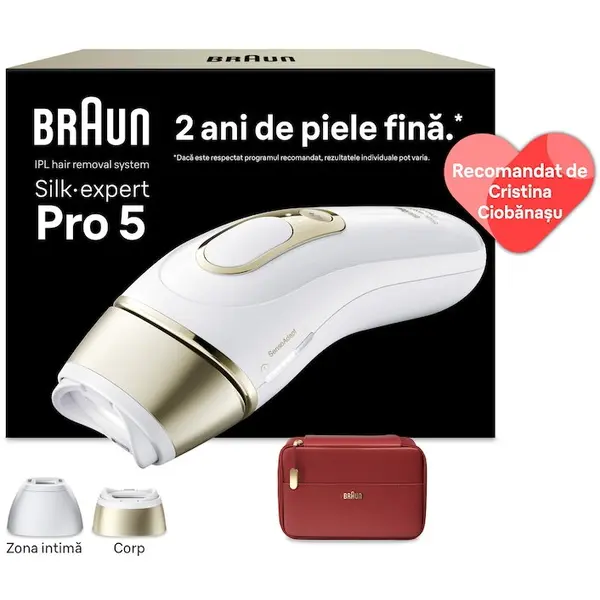 BRAUN Epilator IPL Braun Silk-expert PRO 5 PL5221, Senzor automat & continuu Skin pro 2.0, 400.000 impulsuri, 10 niveluri de intensitate, 125 de impulsuri pe minut, 2 Capete de epilat, Trusa de voiaj, Aparat de ras Venus, Alb/Auriu