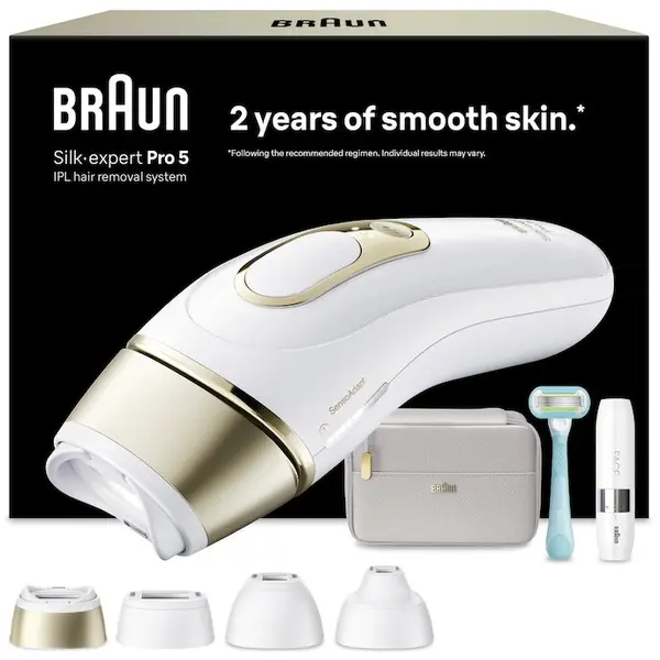 BRAUN Epilator IPL Braun Silk-expert PRO 5 Pl5412 Senzor automat & continuu Skin pro 2.0, 400.000 impulsuri, 10 niveluri de intensitate, 125 de impulsuri pe minut, 4 Capete de epilat, Trusa de voiaj, Aparat de ras Venus, Alb/Auriu