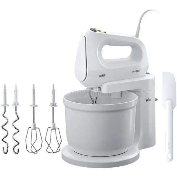 BRAUN Mixer cu bol Braun HM1070WH, 400 W, 4 viteze + Turbo, Bol 3 L, 2 palete, 2 carlige pentru aluat, spatula, Alb