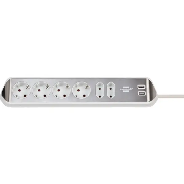 Brennenstuhl Prelungitor pentru perete colt Brennenstuhl Estilo, 6 prize, 2 USB, 3.1 A, cablu 2 m, Inox, Adeziv inclus, Argintiu-Alb