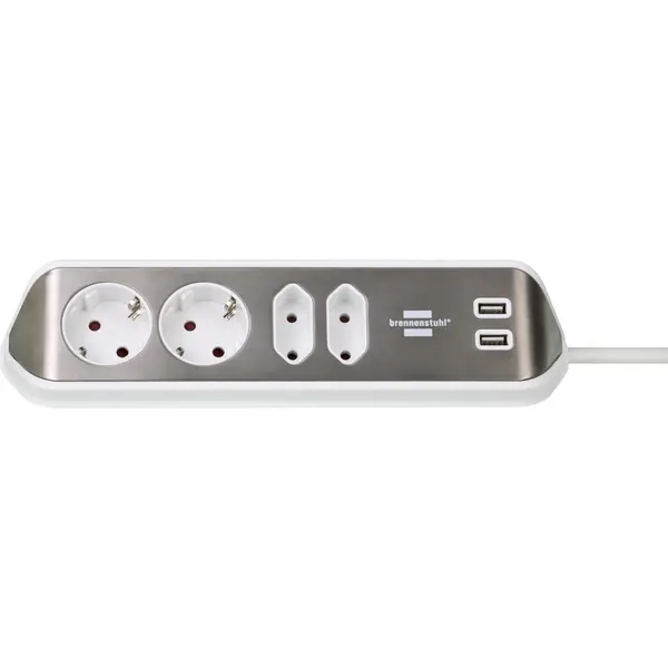 Brennenstuhl Prelungitor pentru perete/colt Brennenstuhl Estilo, 4 prize, 2xUSB 3.1 A, H05VV-F 3G1.5, 2m, Argintiu/Alb